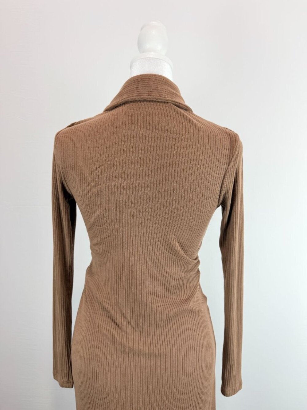 Lucca Brown Ribbed Long Sleeve Button-Down Midi Dress With Collared Neckline S - Picture 6 of 14